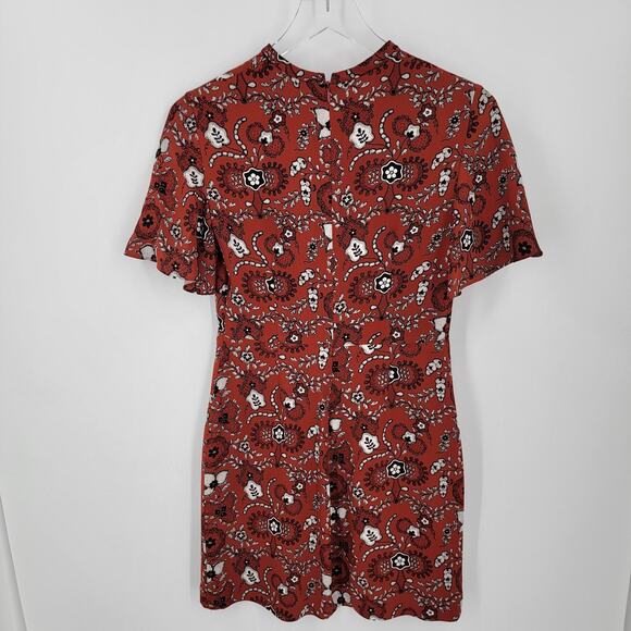 A.L.C. Dress Womens 0 Orange Black White Floral Silk Short Sleeve Mini Zip Back - Picture 2 of 11